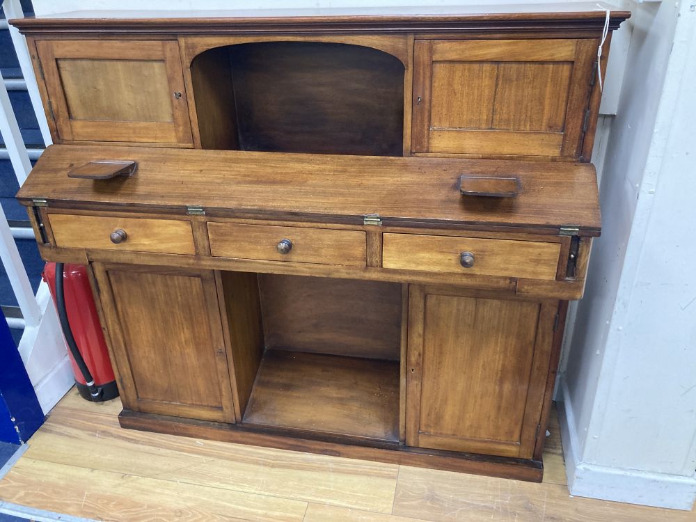 A panelled mahogany secretaire cabinet, width 119cm, depth 37cm, height 109cm